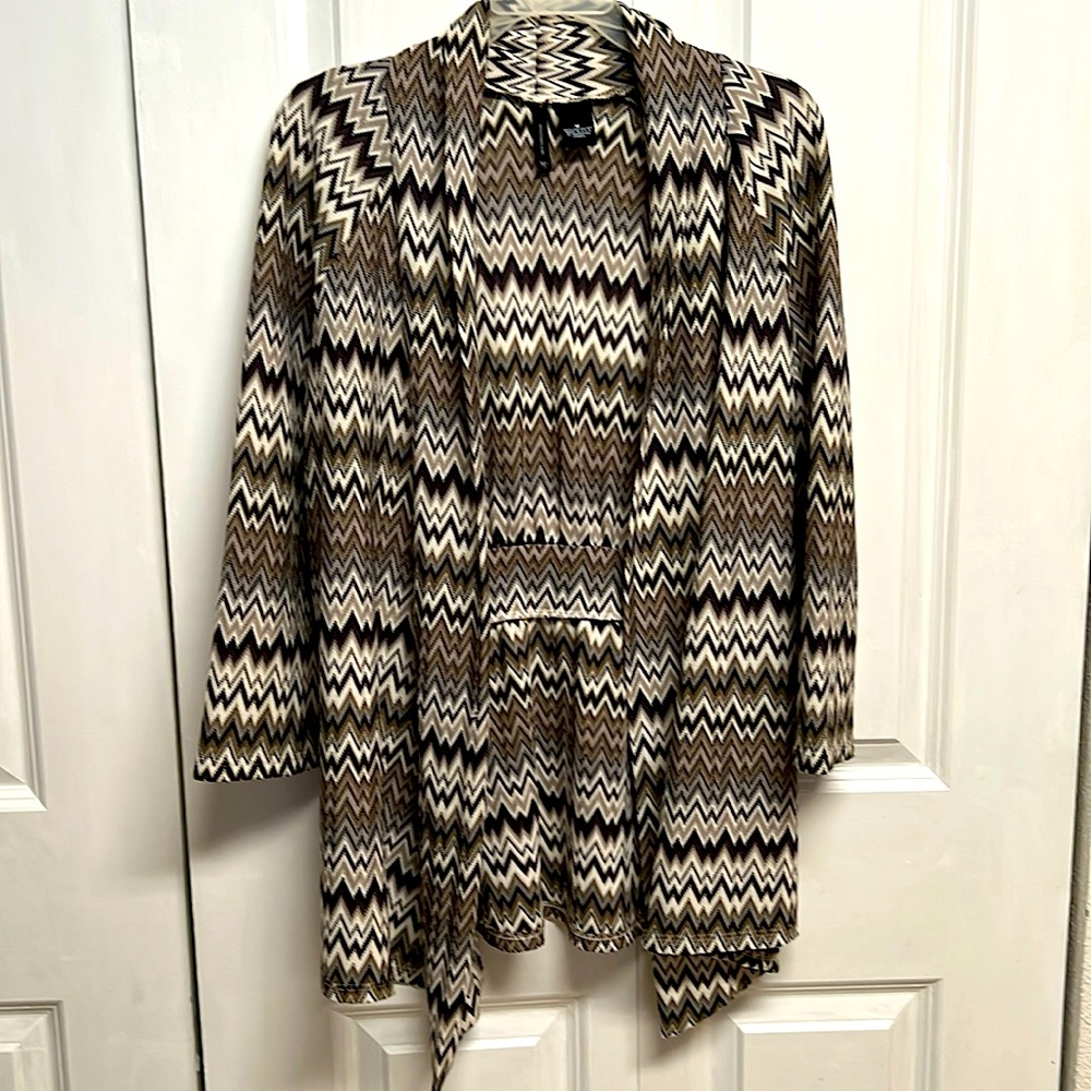 New Directions Multi Color Zig Zag Print Woven Mid Sleeve Open Long Cardigan M